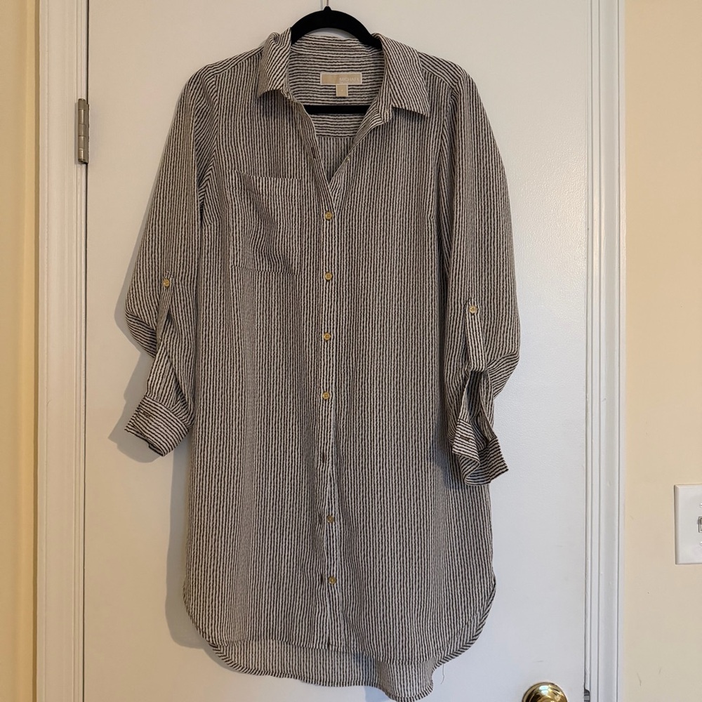 Y2K Michael Kors Womens Black and White Striped Button Down Shirt Dress Mini Sz4
